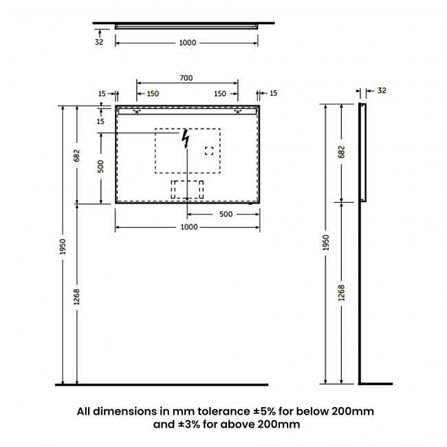 RAK Joy Wall Hung Bathroom Mirror with LED Mirror 680mm H x 1000mm W