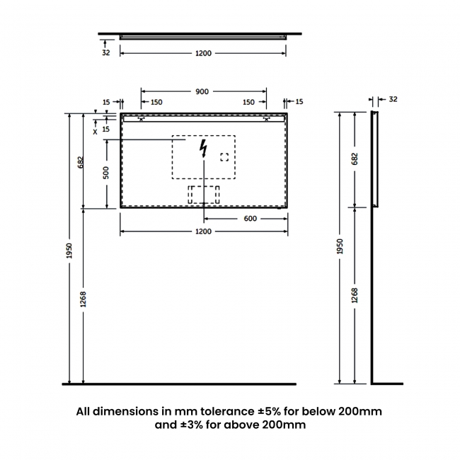 RAK Joy Wall Hung Bathroom Mirror with LED Mirror 680mm H x 1200mm W