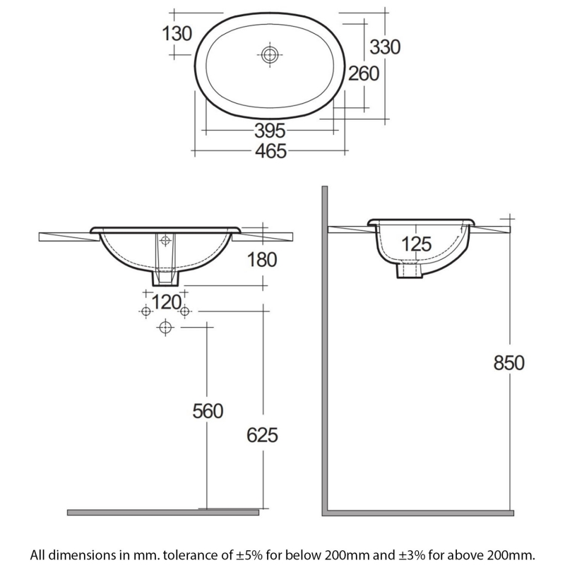RAK Lily Inset Countertop Basin 460mm Wide - 0 Tap Hole