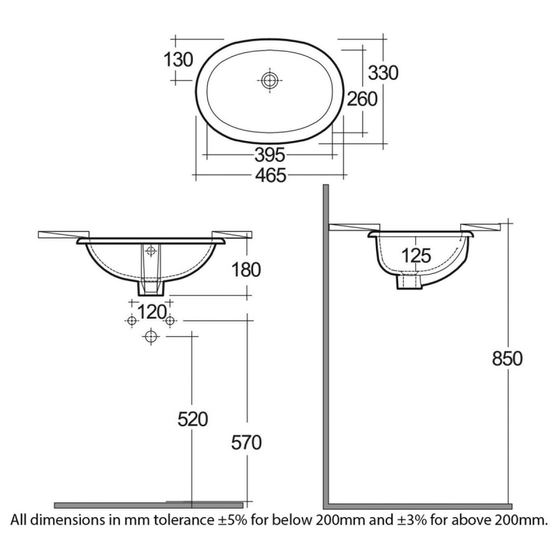 RAK Lily Undermount Countertop Basin 460mm Wide - 0 Tap Hole