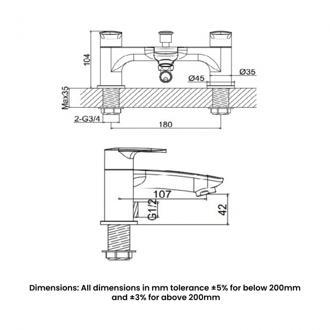 RAK Mercury Bath Shower Mixer Tap with Hose and Handset Pillar Mounted - Chrome  | Dimension Image