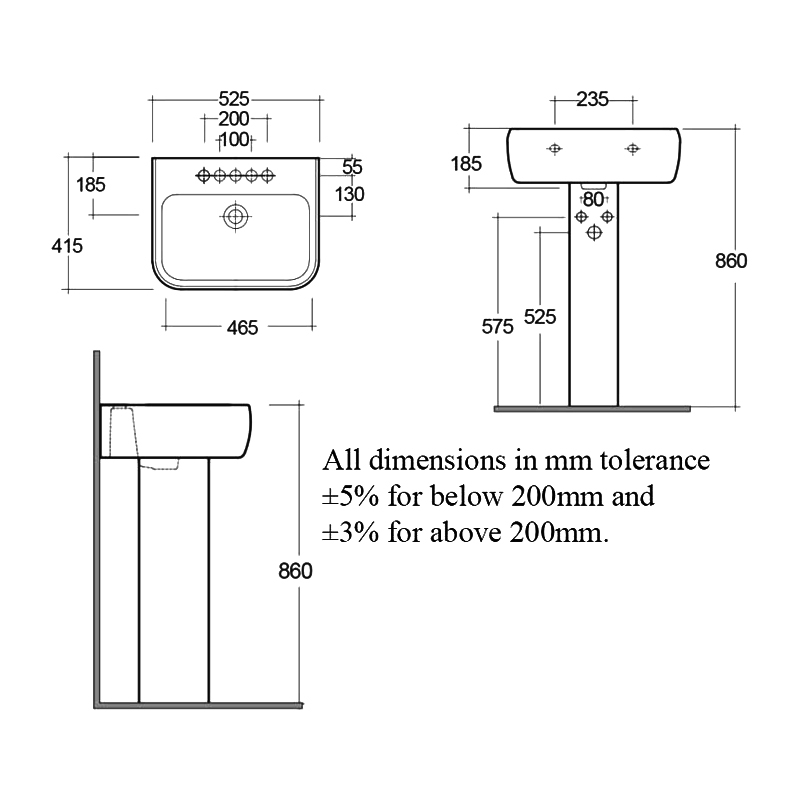 RAK Metropolitan Basin and Full Pedestal 520mm Wide - 1 Tap Hole