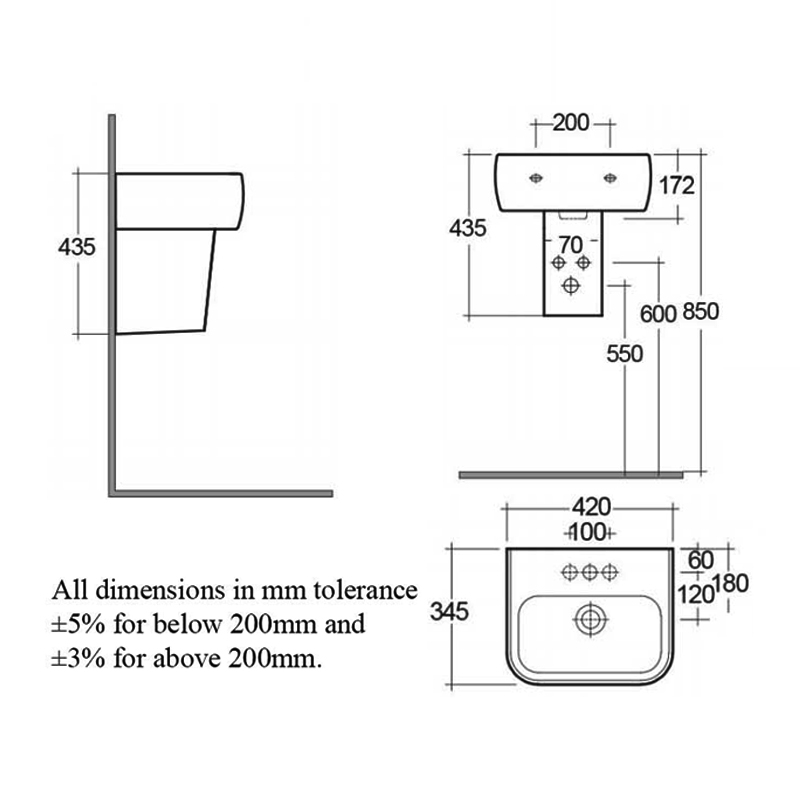 RAK Metropolitan Basin and Semi Pedestal 420mm Wide - 1 Tap Hole