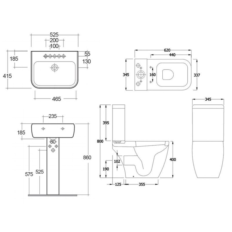 RAK Metropolitan Bathroom Suite Close Coupled Toilet and Basin 520mm Wide - 2 Tap Hole