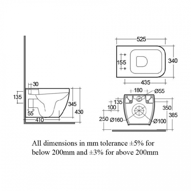 RAK Metropolitan Rimless Wall Hung Toilet Hidden Fixations - Soft Close Seat