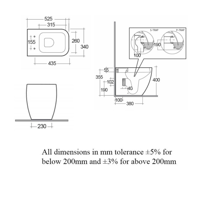 RAK Metropolitan Rimless Back to Wall Toilet Pan (exc Seat)  | Dimension Image