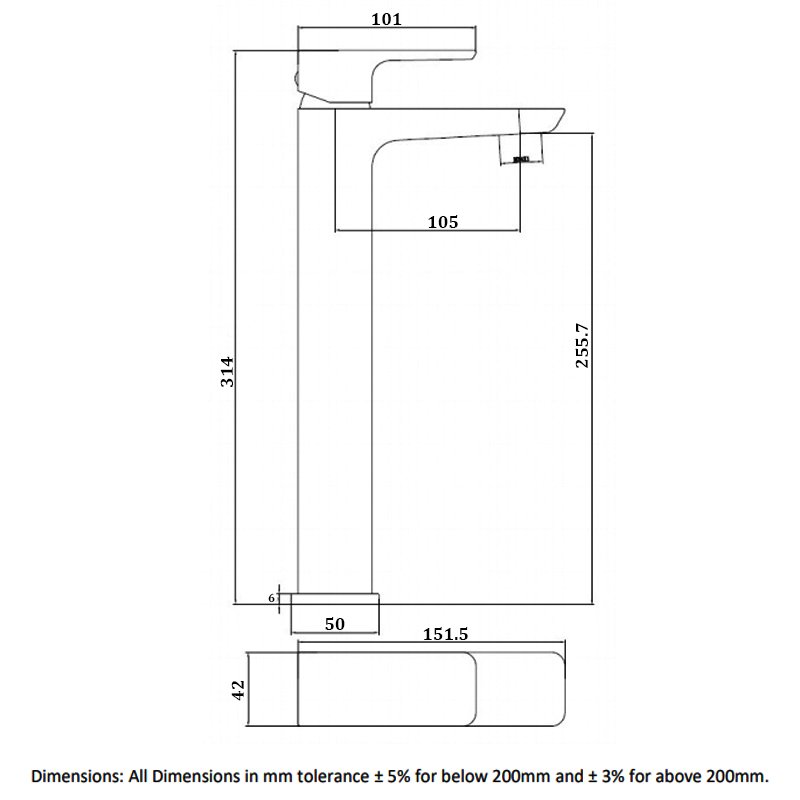 RAK Moon Tall Mono Basin Mixer Tap Without Waste - Black