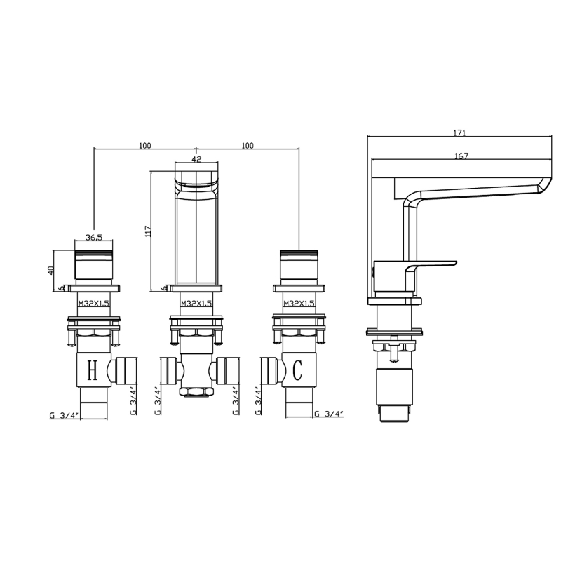 RAK Moon 3-Hole Bath Filler Tap Deck Mounted - Black