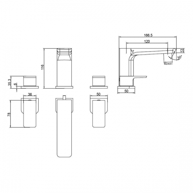 RAK Moon 3-Hole Bath Filler Tap Deck Mounted - Chrome