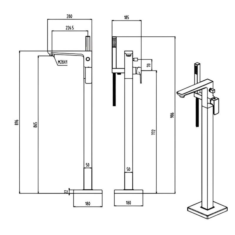 RAK Moon Freestanding Bath Shower Mixer Tap - Black