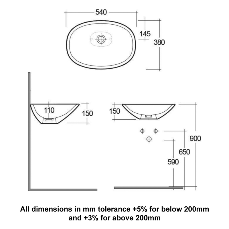 RAK Morning Sit-On Countertop Basin 540mm Wide - 0 Tap Hole