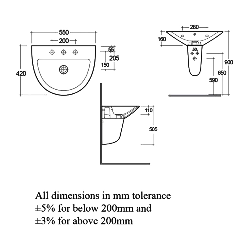 RAK Morning Basin and Semi Pedestal 550mm W - 1 Tap Hole
