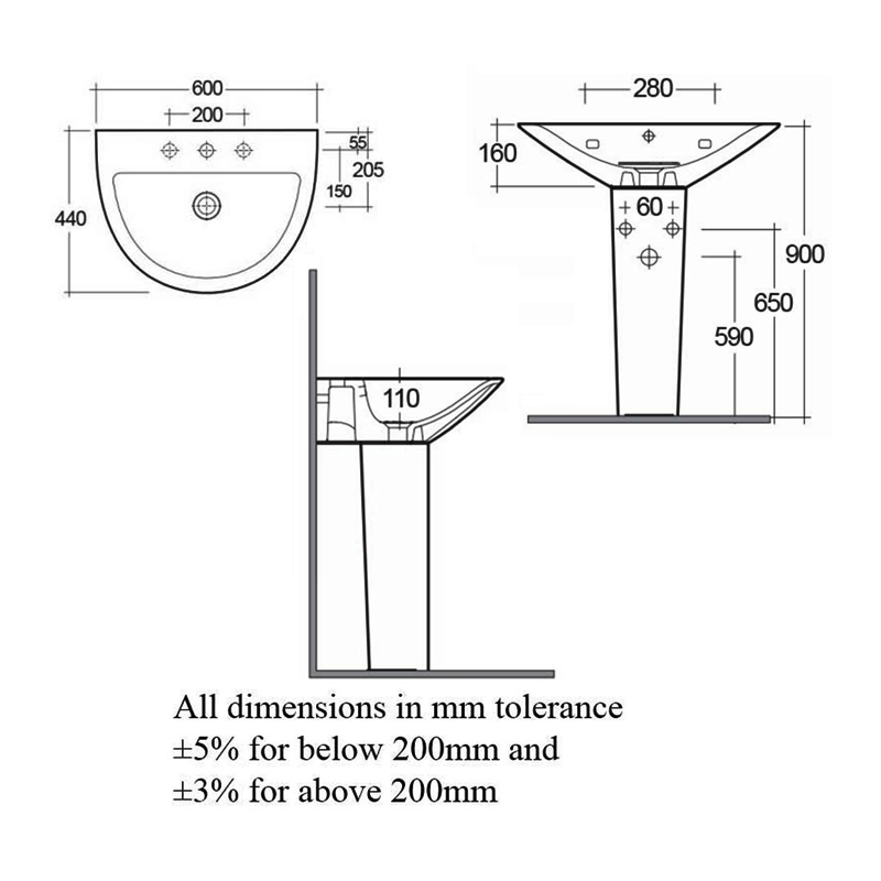 RAK Morning Basin and Full Pedestal 600mm W - 1 Tap Hole