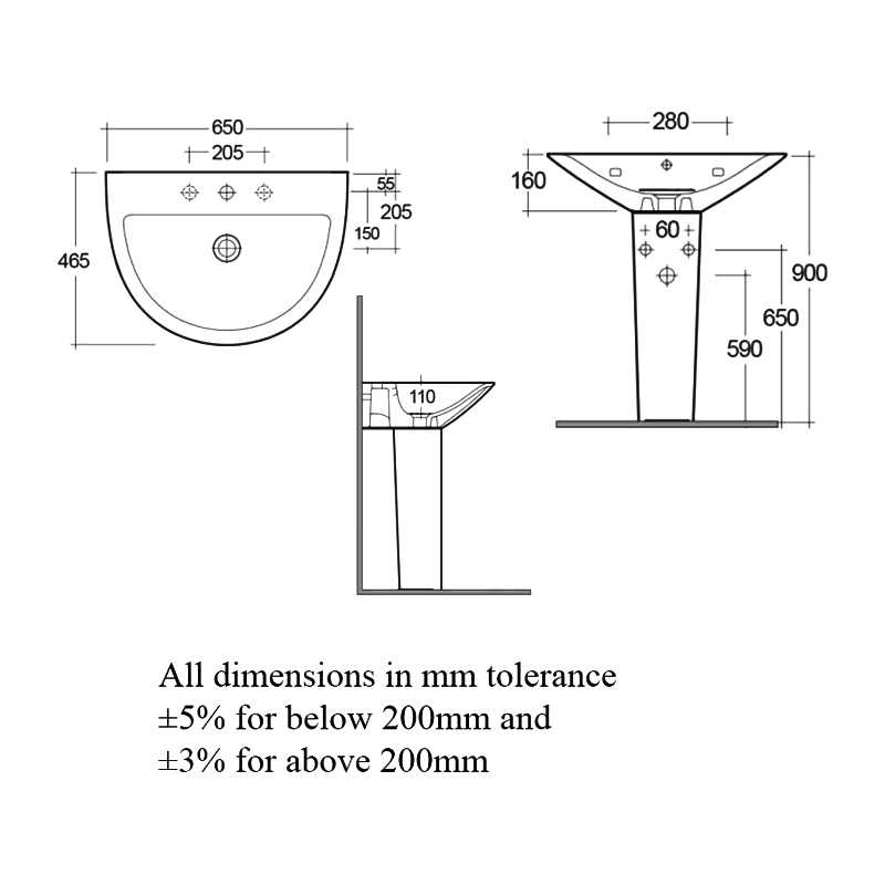 RAK Morning Basin and Full Pedestal 650mm W - 1 Tap Hole
