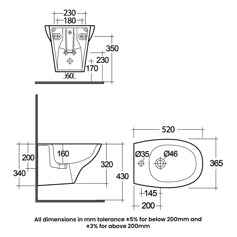 RAK Morning Wall Hung Bidet 520mm Projection - Exposed Fitting