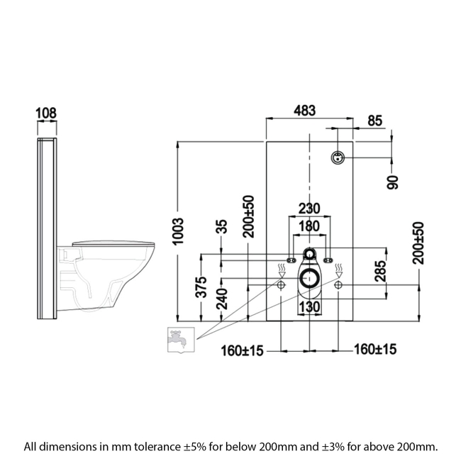RAK Obelisk Cistern Cabinet for Wall Hung Toilet Pan - White  | Dimension Image