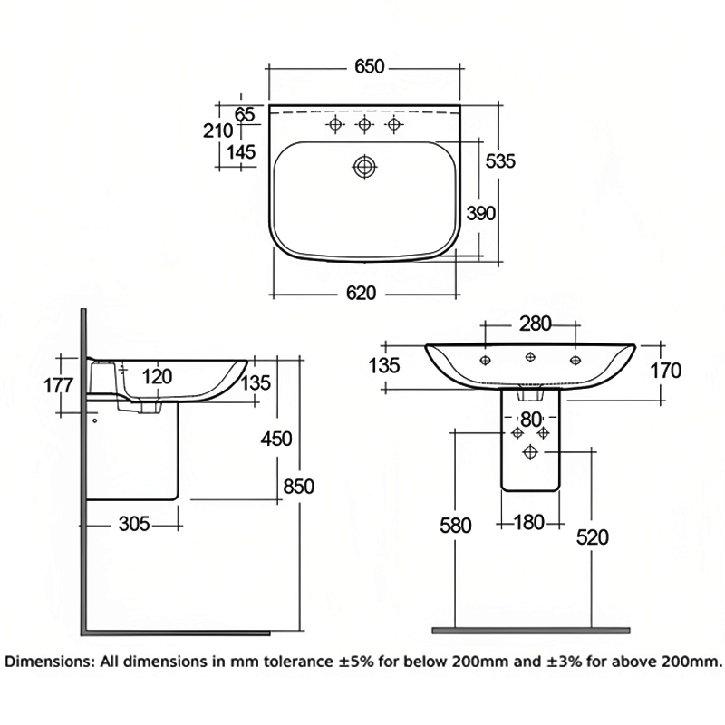 RAK Origin 62 Basin and Semi Pedestal 650mm Wide - 1 Tap Hole