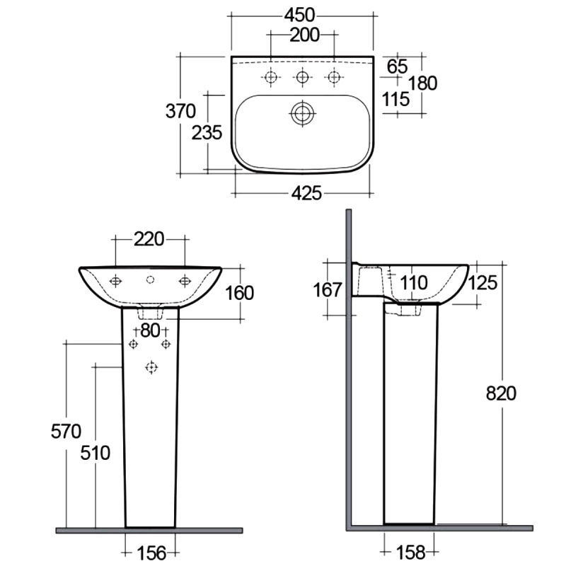 RAK Origin 62 Basin and Full Pedestal 450mm Wide - 1 Tap Hole