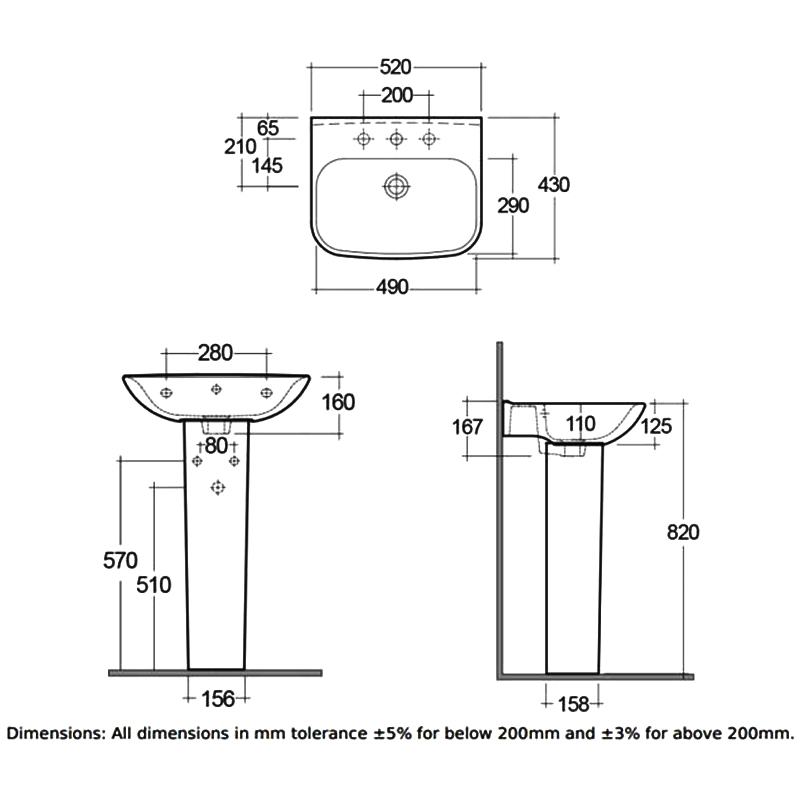 RAK Origin 62 Basin and Full Pedestal 520mm Wide - 1 Tap Hole
