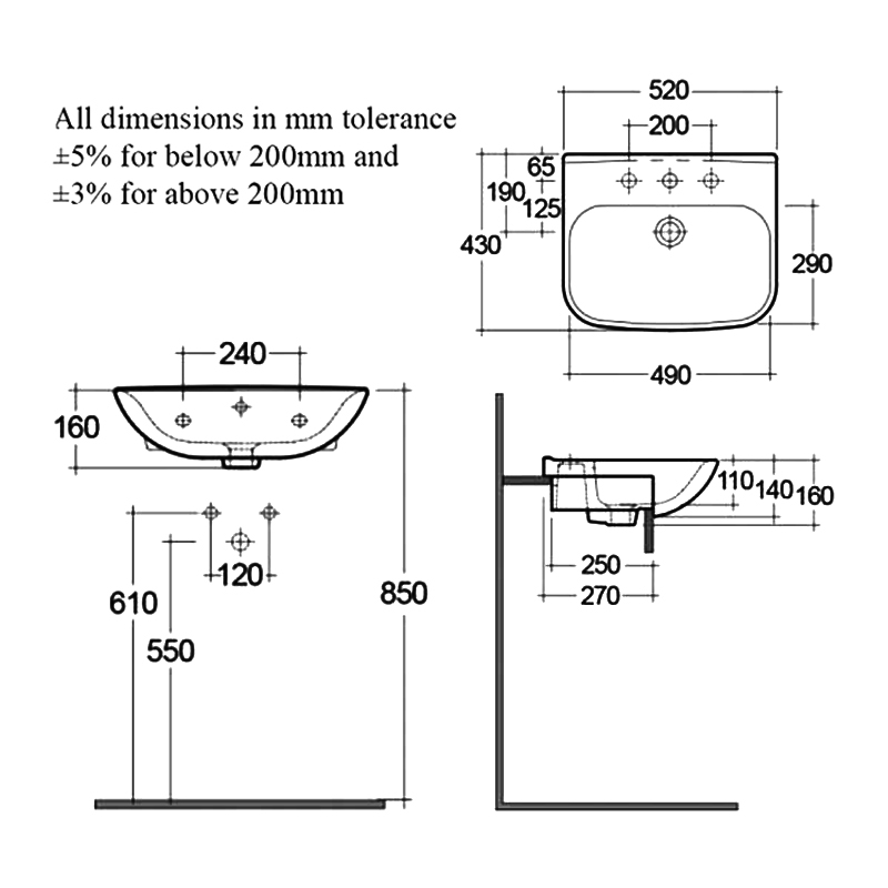 RAK Origin 62 Semi-Recessed Basin 520mm Wide - 1 Tap Hole