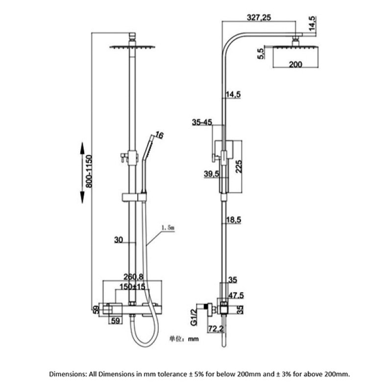 RAK Origin Thermostatic Square Bar Mixer Shower with Shower Kit + Fixed Head - Chrome