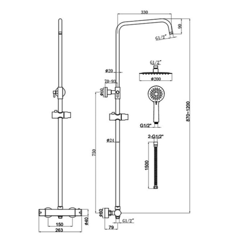 RAK Origin Thermostatic Round Bar Mixer Shower with Shower Kit + Fixed Head - Chrome