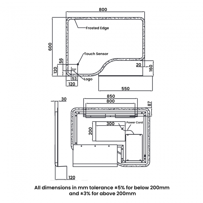 RAK Ornate LED Illuminated Bathroom Mirror with Demister Pad 600mm H x 800mm W - Matt Black
