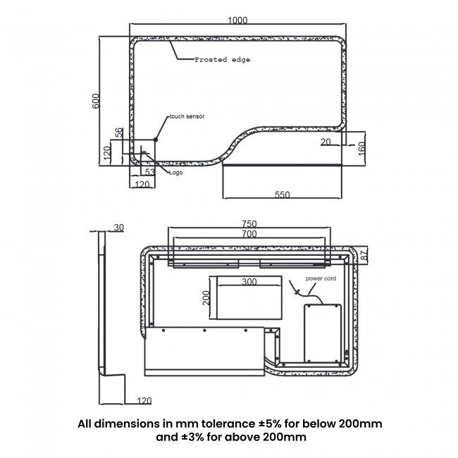 RAK Ornate LED Illuminated Bathroom Mirror with Demister Pad 600mm H x 1000mm W - Brushed Nickel  | Dimension Image