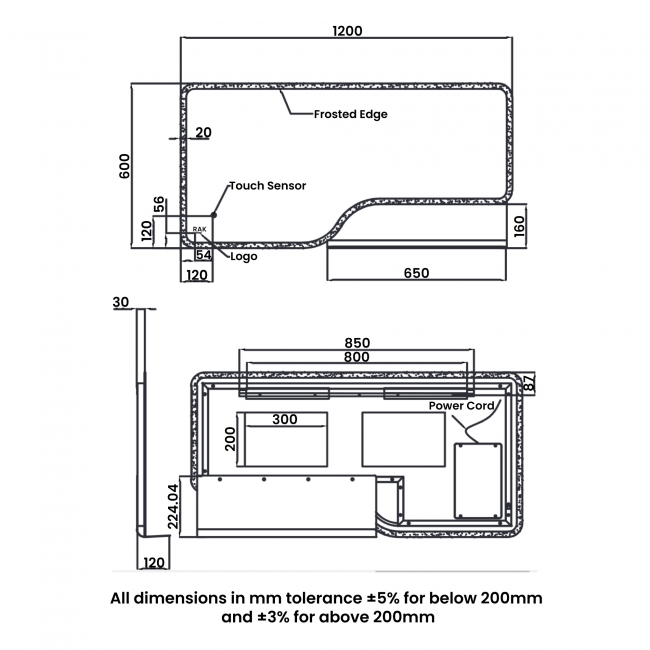 RAK Ornate LED Illuminated Bathroom Mirror with Demister Pad 600mm H x 1200mm W - Brushed Gold