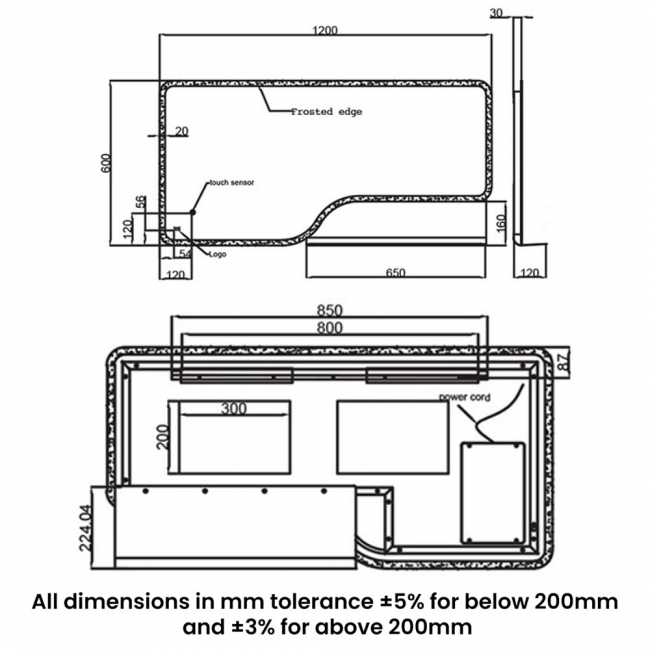 RAK Ornate LED Illuminated Bathroom Mirror with Demister Pad 600mm H x 1200mm W - Chrome  | Dimension Image