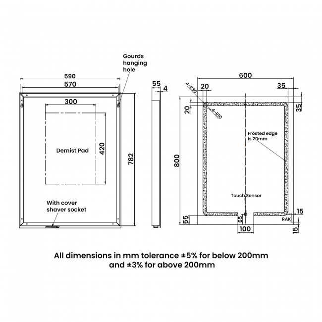 RAK Pegasus LED Portrait Mirror with Switch and Demister Pad 800mm H x 600mm W Illuminated