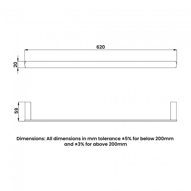 RAK Petit Square Single Towel Bar 620mm Wide - Matt Black