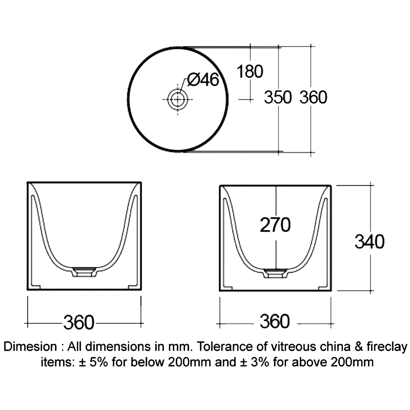 RAK Petit Round Countertop Basin 360mm Wide 0 Tap Hole - Alpine White