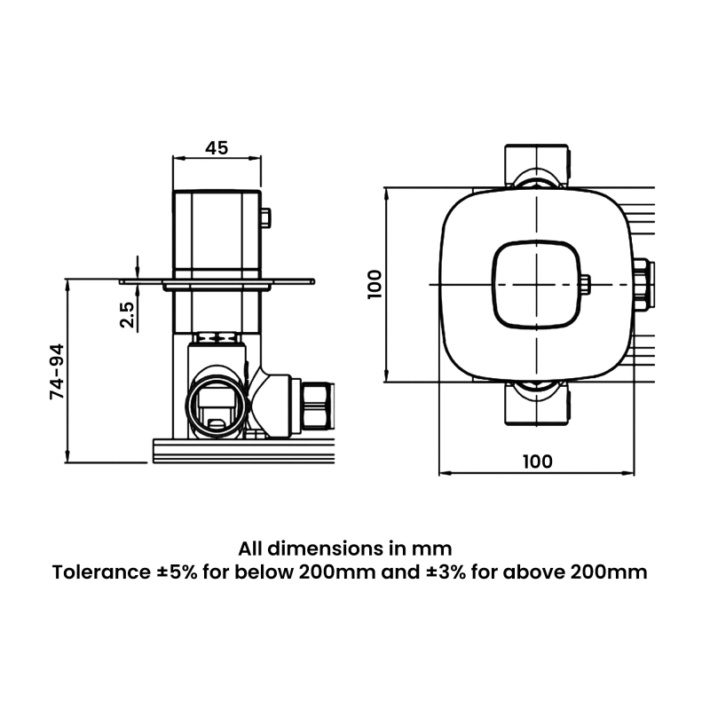 RAK Petit Square Thermostatic Concealed Shower Valve - Matt Black