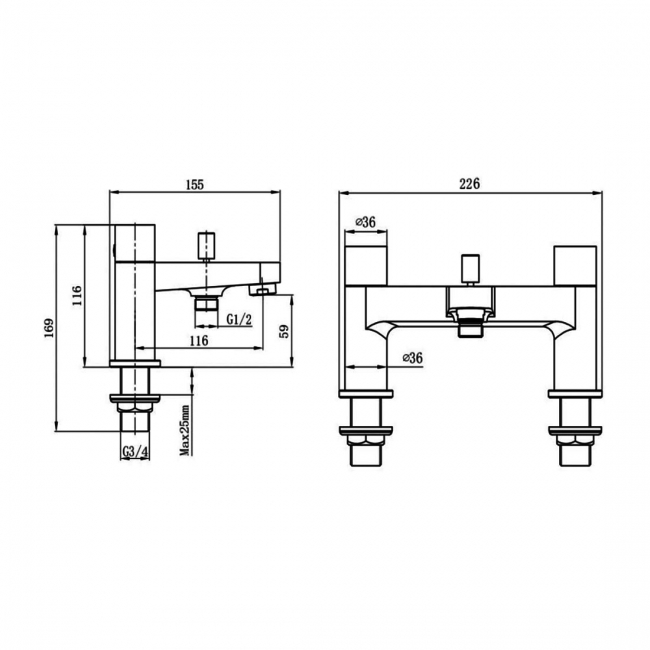 RAK Petit Round Bath Shower Mixer Tap Pillar Mounted - Chrome  | Dimension Image