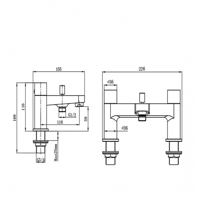 RAK Petit Round Bath Shower Mixer Tap Pillar Mounted - Brushed Nickel  | Dimension Image
