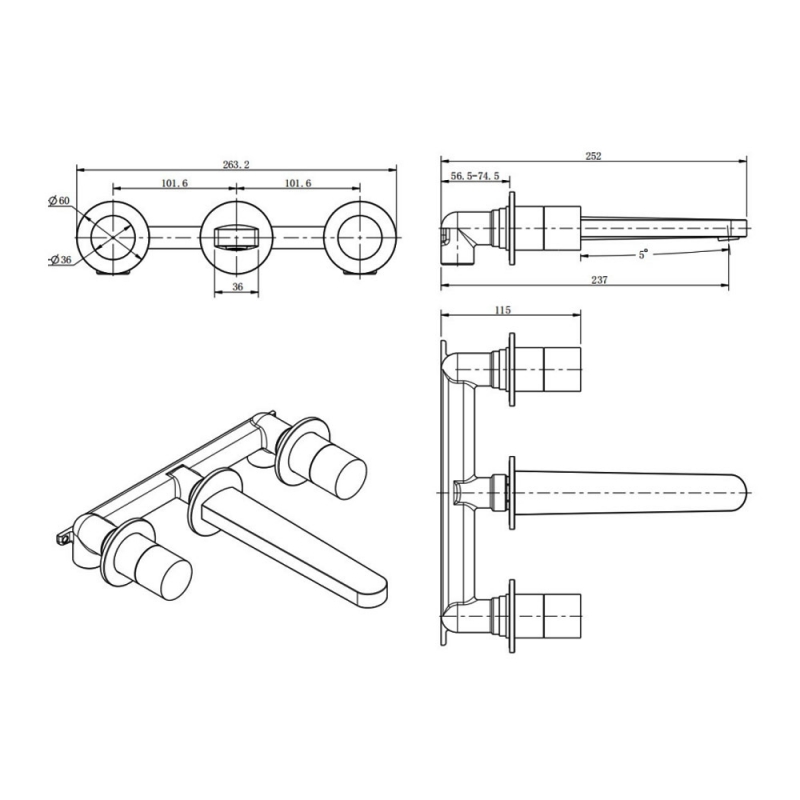 RAK Petit Round 3-Hole Wall Mounted Basin Mixer Tap - Chrome