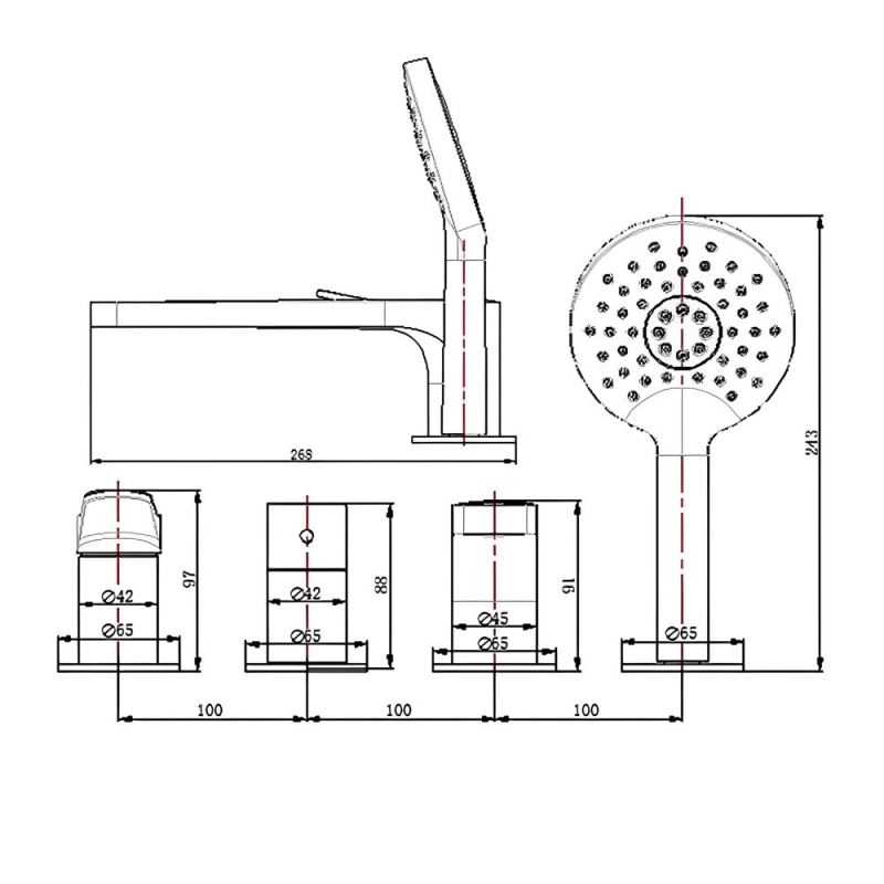 RAK Petit Round 4-Hole Bath Shower Mixer Tap Pillar Mounted - Matt Black  | Dimension Image