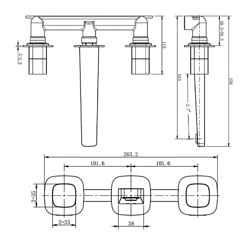 RAK Petit Square 3-Hole Wall Mounted Basin Mixer Tap - Matt Black