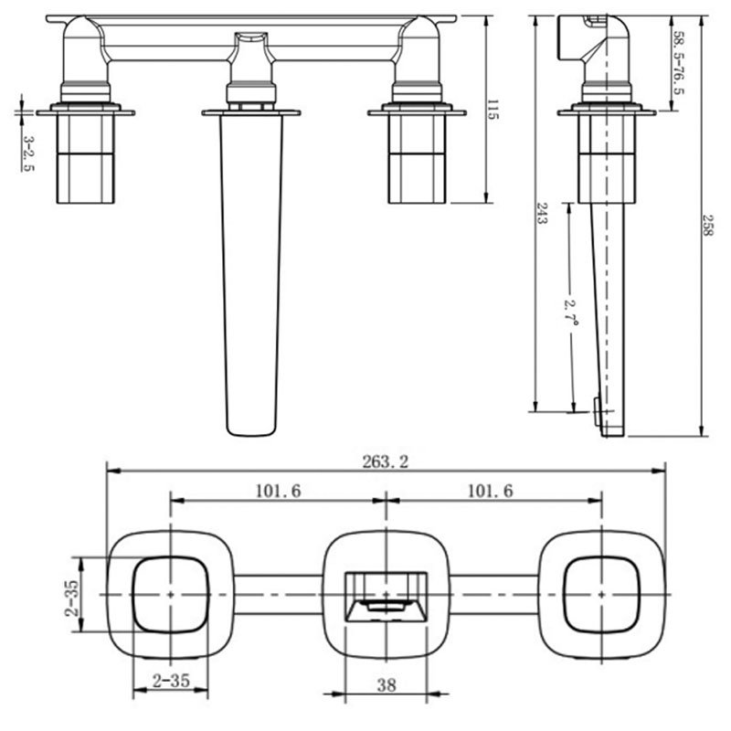 RAK Petit Square 3-Hole Wall Mounted Basin Mixer Tap - Chrome