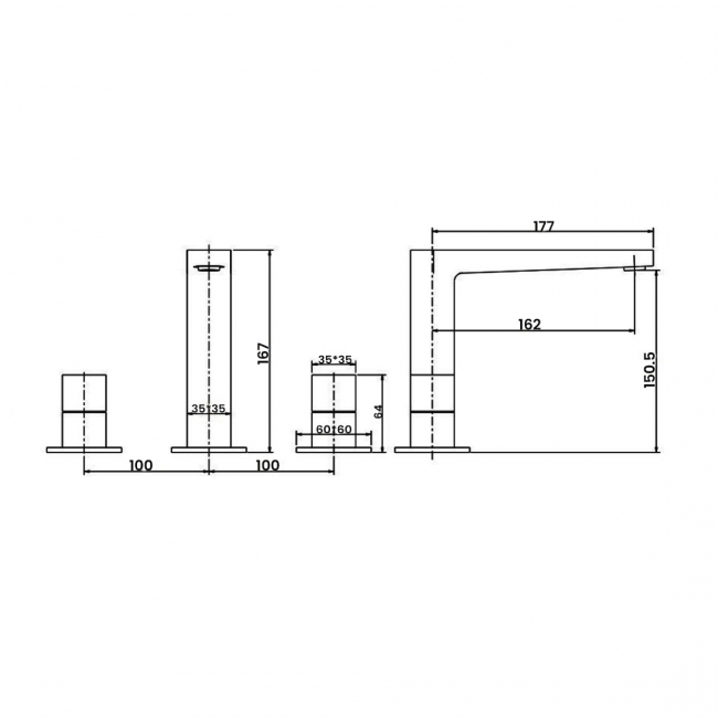 RAK Petit Square 3-Hole Basin Mixer Tap Deck Mounted - Brushed Nickel  | Dimension Image