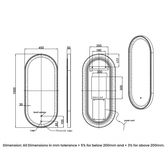 RAK Picture Oval LED Illuminated Bathroom Mirror with Demister Pad 1000mm H x 450mm W - Matt Black