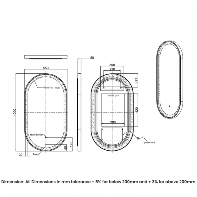 RAK Picture Oval LED Illuminated Bathroom Mirror with Demister Pad 1000mm H x 550mm W - Brushed Gold  | Dimension Image