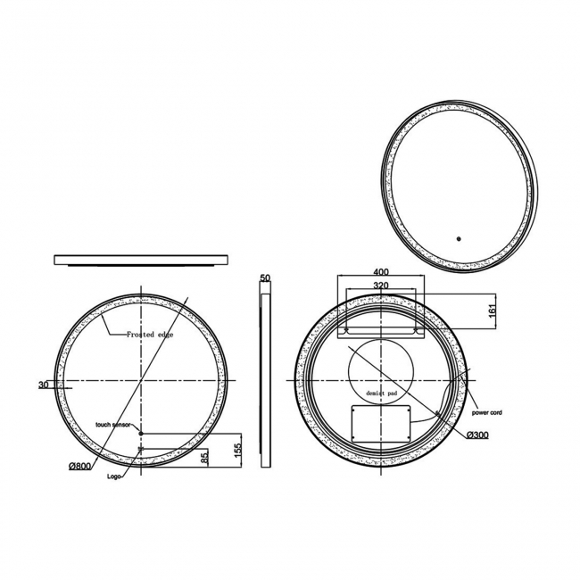 RAK Picture Round LED Illuminated Bathroom Mirror with Demister Pad 800mm Diameter - Matt Black