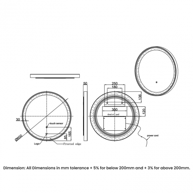 RAK Picture Round LED Illuminated Bathroom Mirror with Demister Pad 600mm Diameter - Matt Black