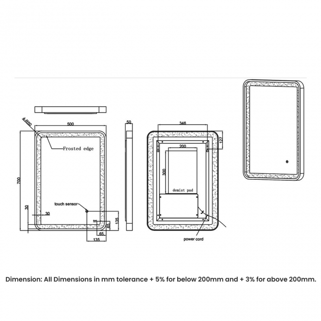 RAK Picture Soft LED Illuminated Bathroom Mirror with Demister Pad 700mm H x 500mm W - Matt Black