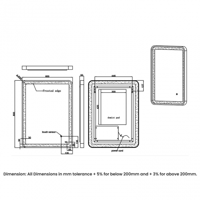 RAK Picture Soft LED Illuminated Bathroom Mirror with Demister Pad 800mm H x 600mm W - Brushed Nickel