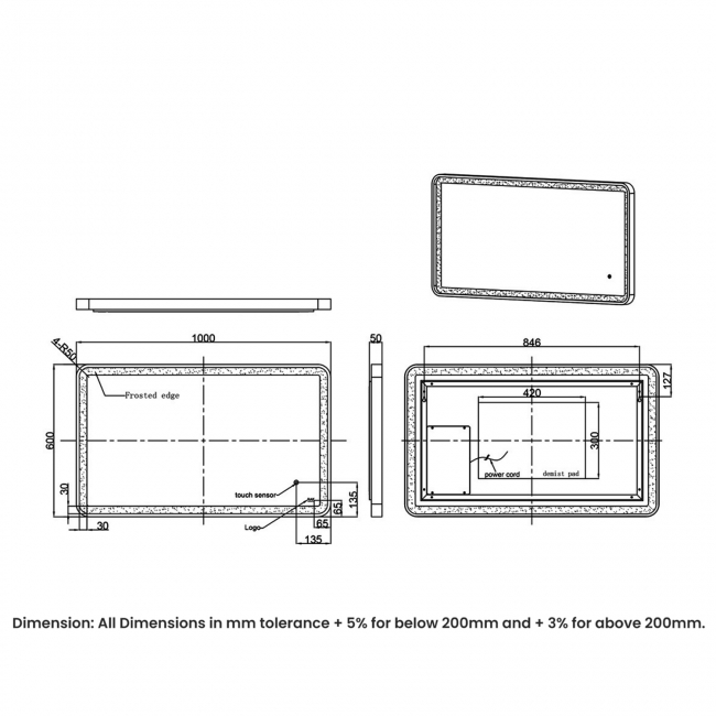 RAK Picture Soft LED Illuminated Bathroom Mirror with Demister Pad 600mm H x 1000mm W - Matt Black
