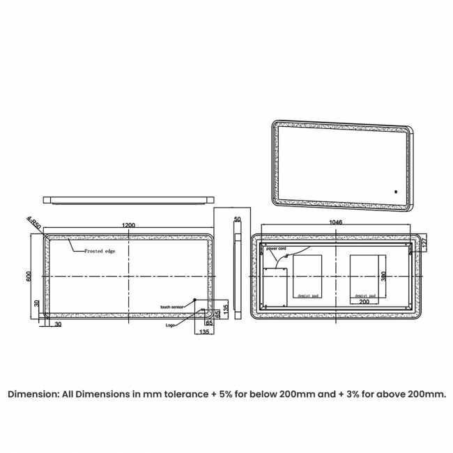 RAK Picture Soft LED Illuminated Bathroom Mirror with Demister Pad 600mm H x 1200mm W - Brushed Gold