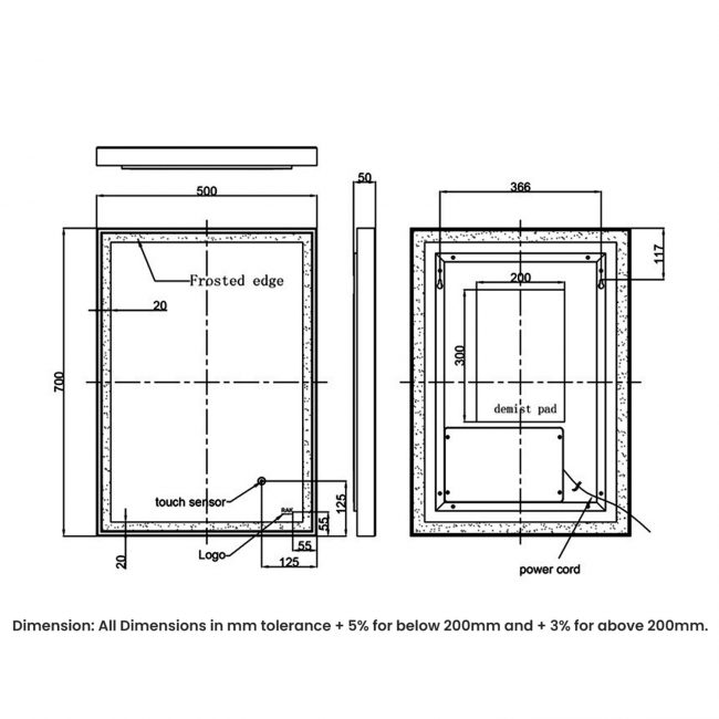 RAK Picture Square LED Illuminated Bathroom Mirror with Demister Pad 700mm H x 500mm W - Matt Black